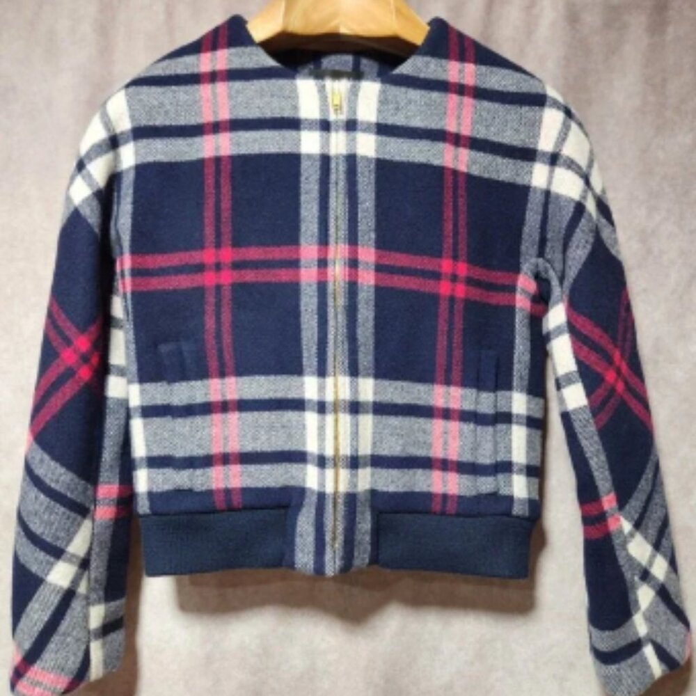 women's J. CREW Wool Bomber Jacket Navy Blue/white/Pink size XS